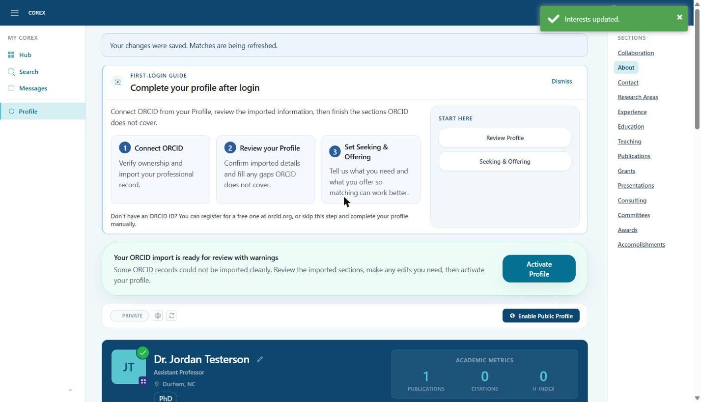 The Activate Profile button sits in the green ORCID-import banner.