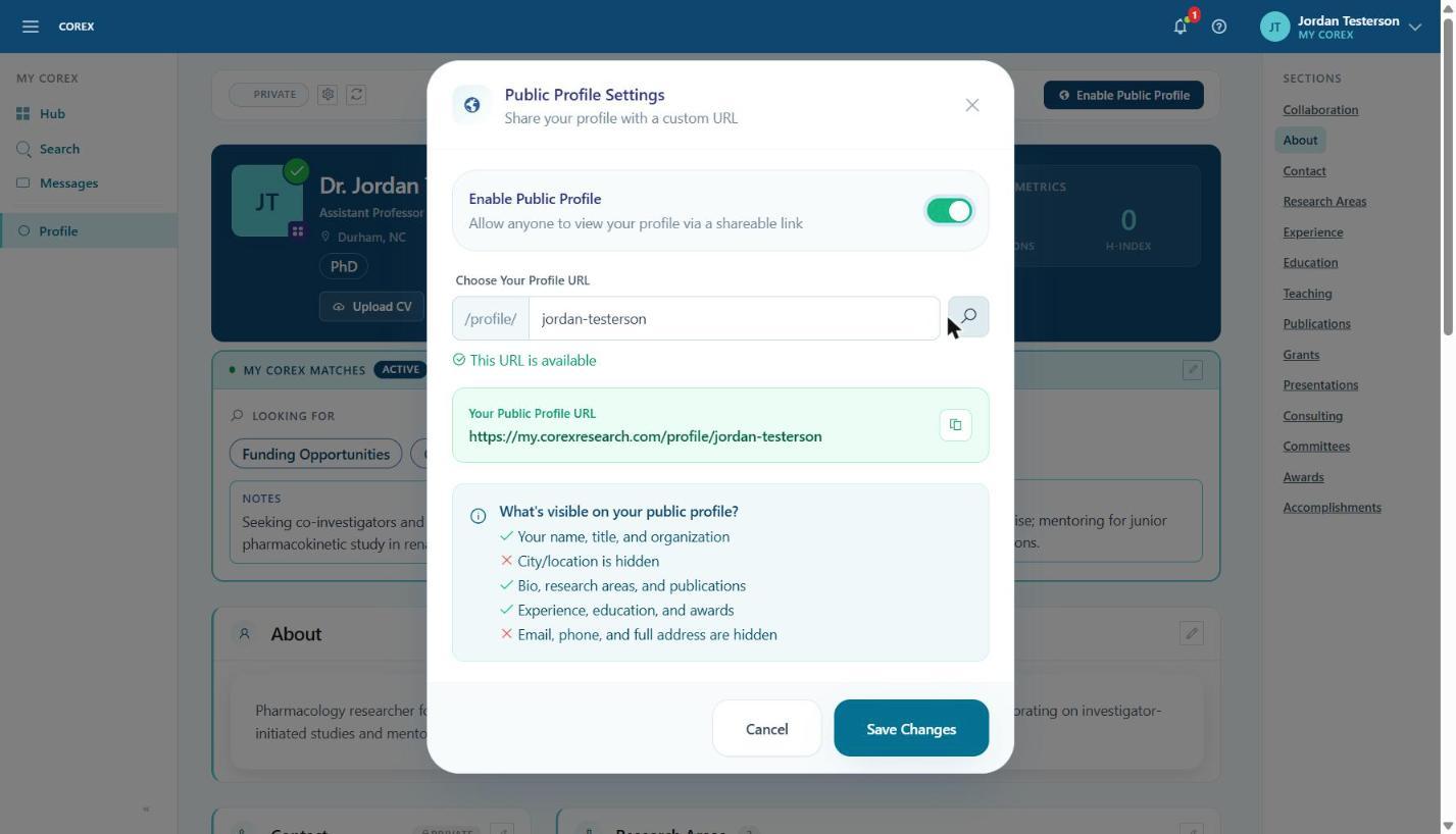 Choose a URL; Corex checks that it's available and shows the full link.