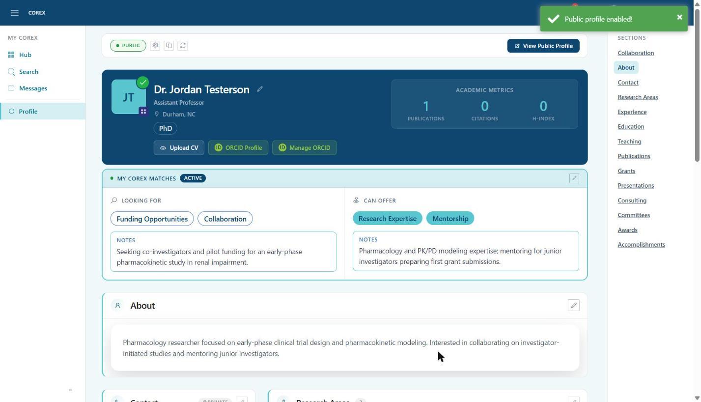 Profile now PUBLIC with View Public Profile and copy-link controls.