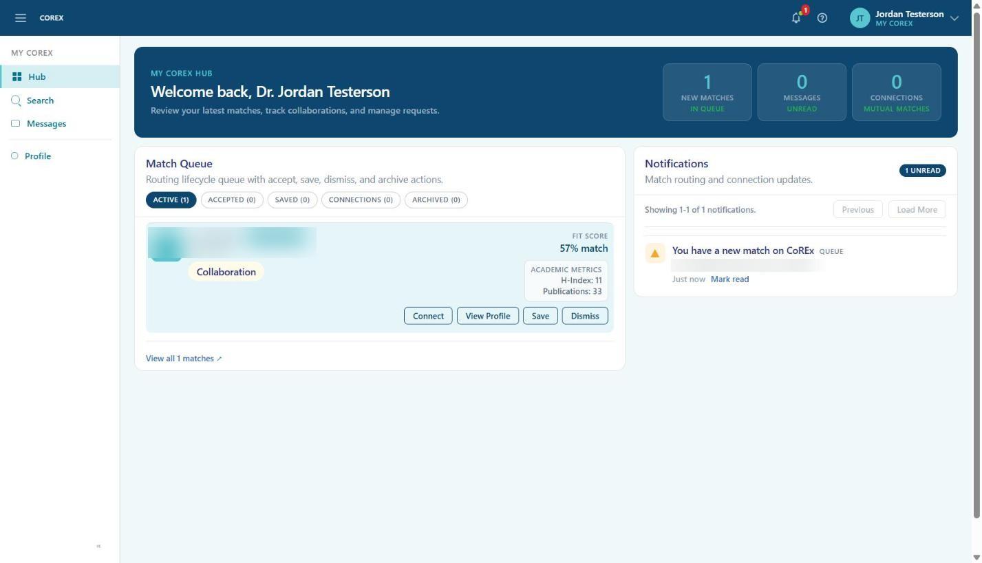 The Hub with one new match in the queue and a matching notification.