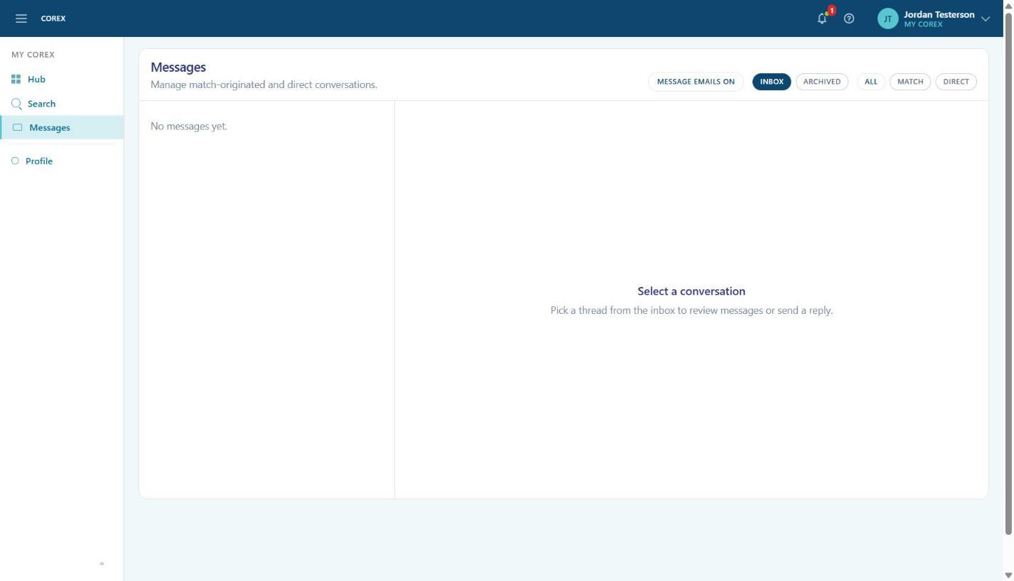 The Messages inbox. Filter with Inbox, Archived, All, Match and Direct.
