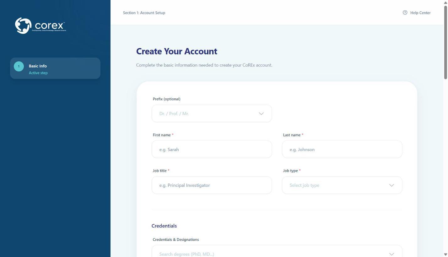 The Create Your Account form. Required fields are marked with a red asterisk.