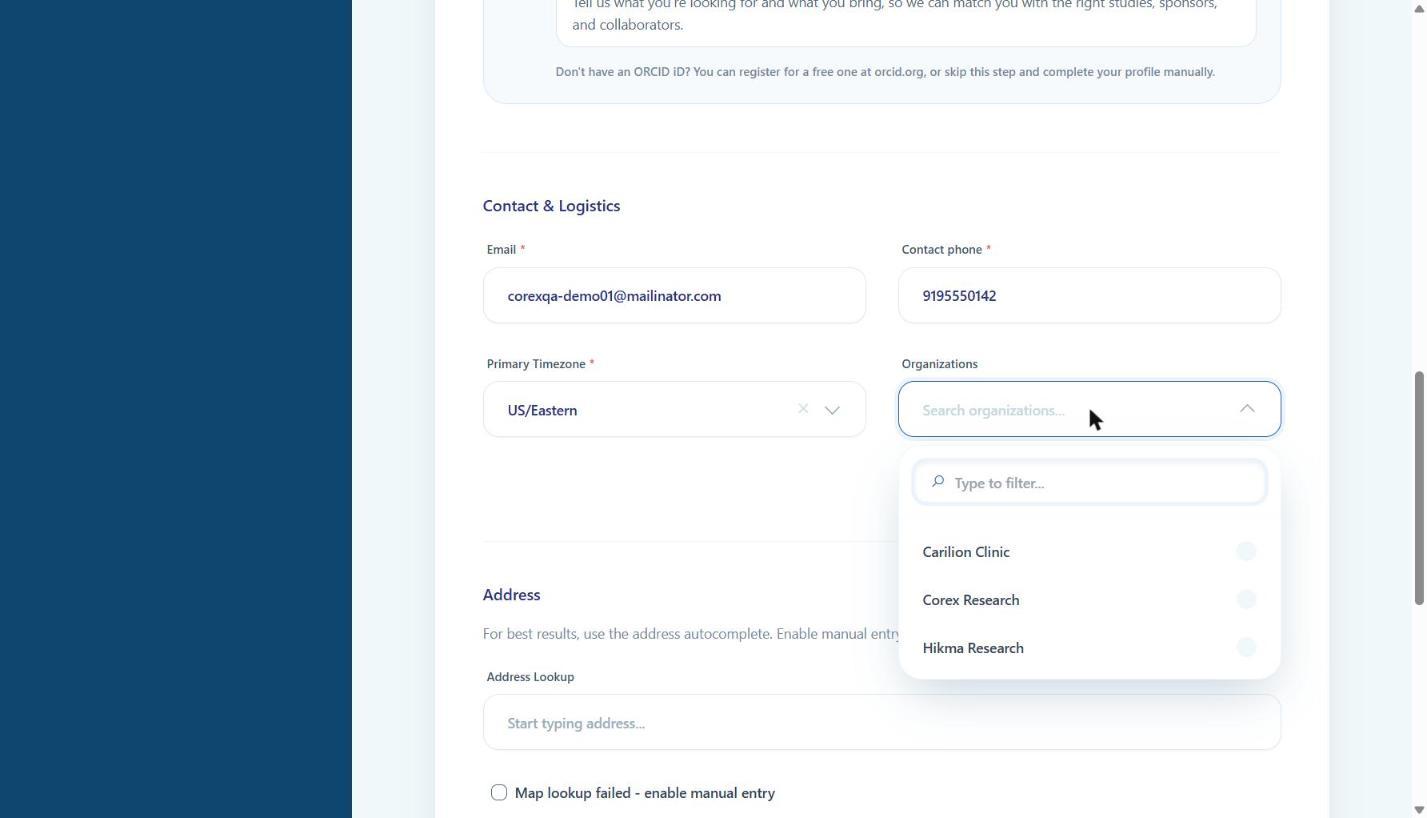 The Organizations list shows institutions already on Corex.