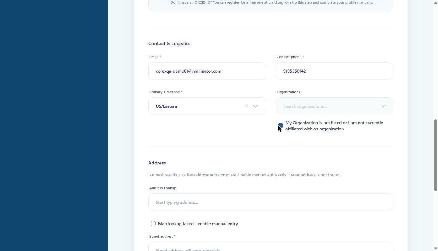 Contact details completed with the 'not listed' option selected.