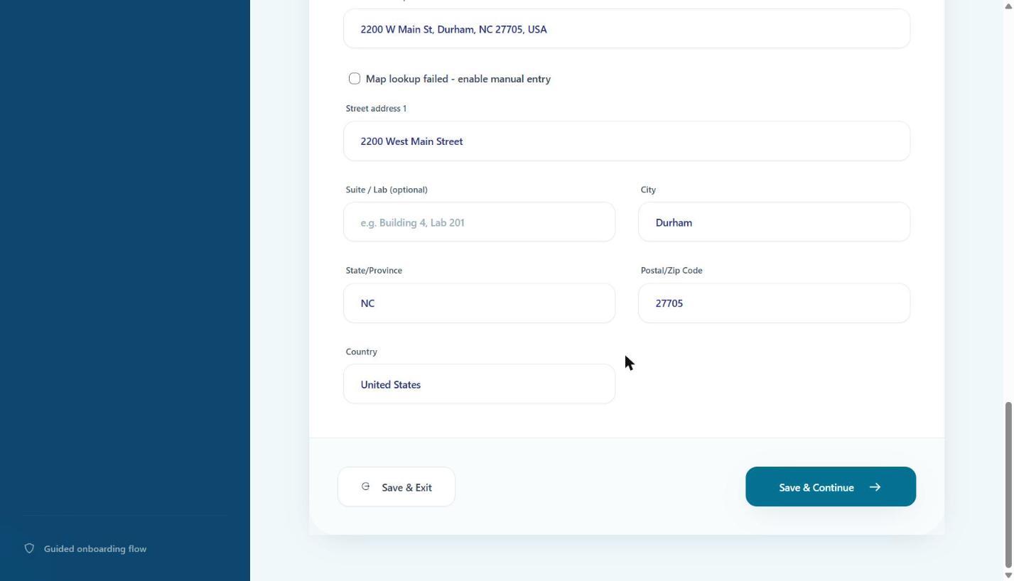 Address fields populated. Save & Continue is at the bottom right.