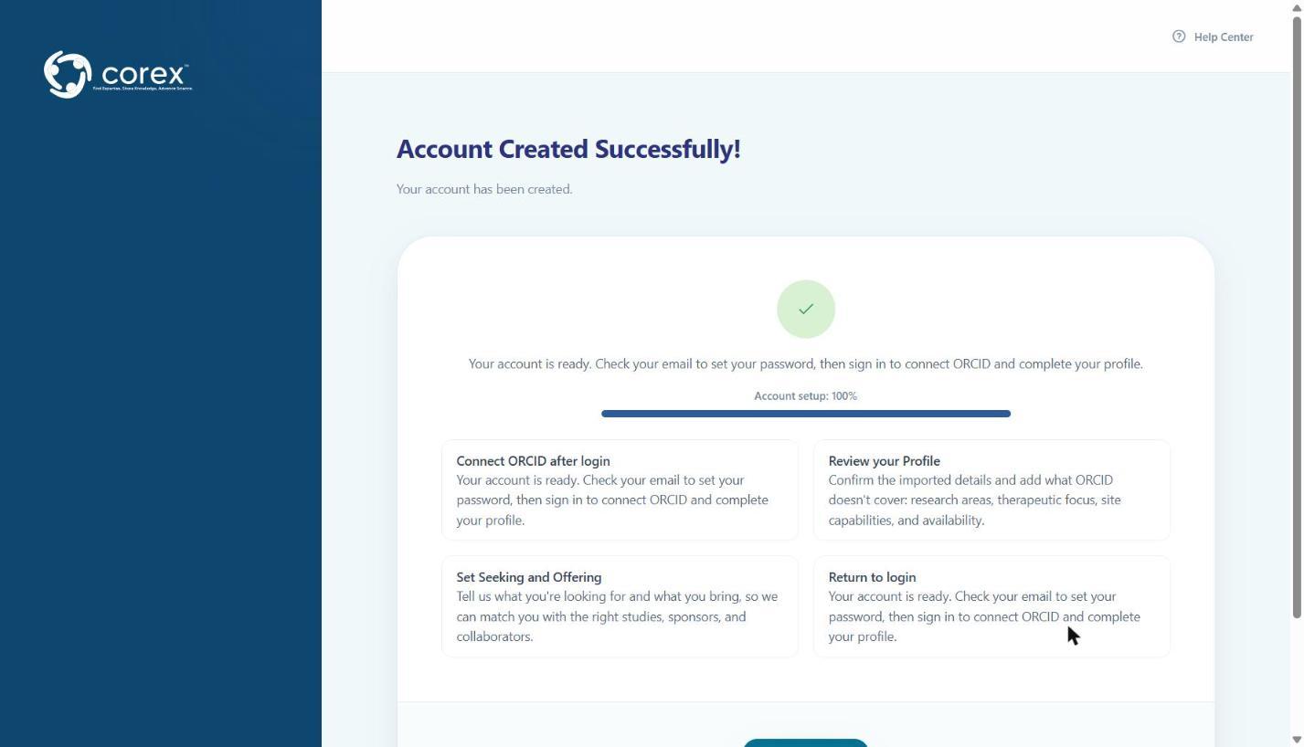 Account Created Successfully — your account exists; the next step is in your inbox.