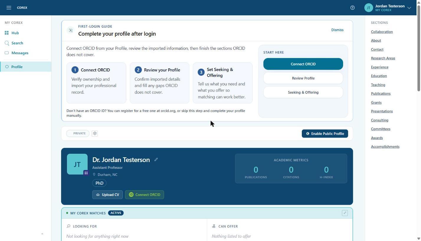 First sign-in: the guide card, the Start Here panel, and your profile header with the details from onboarding.