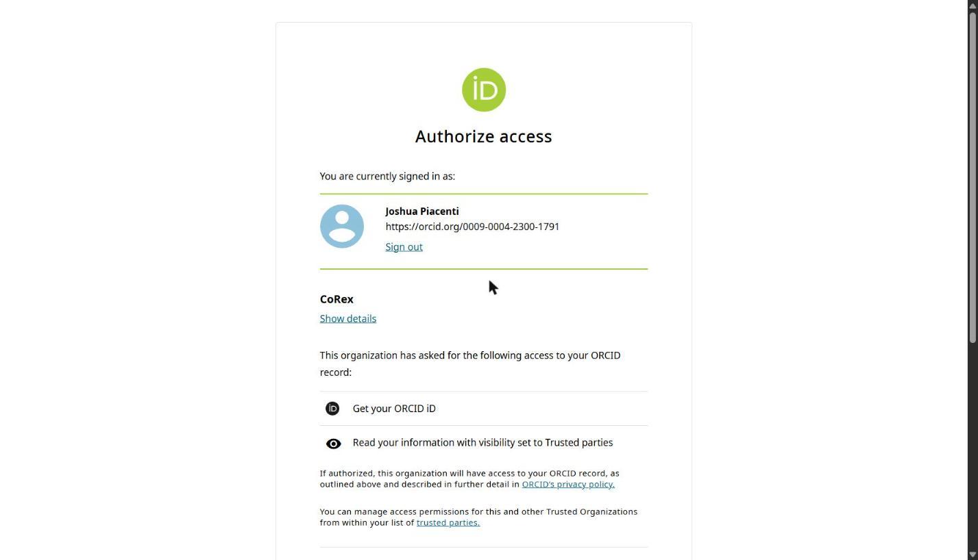 Step 4: ORCID shows what Corex is asking for. Click Authorize access.