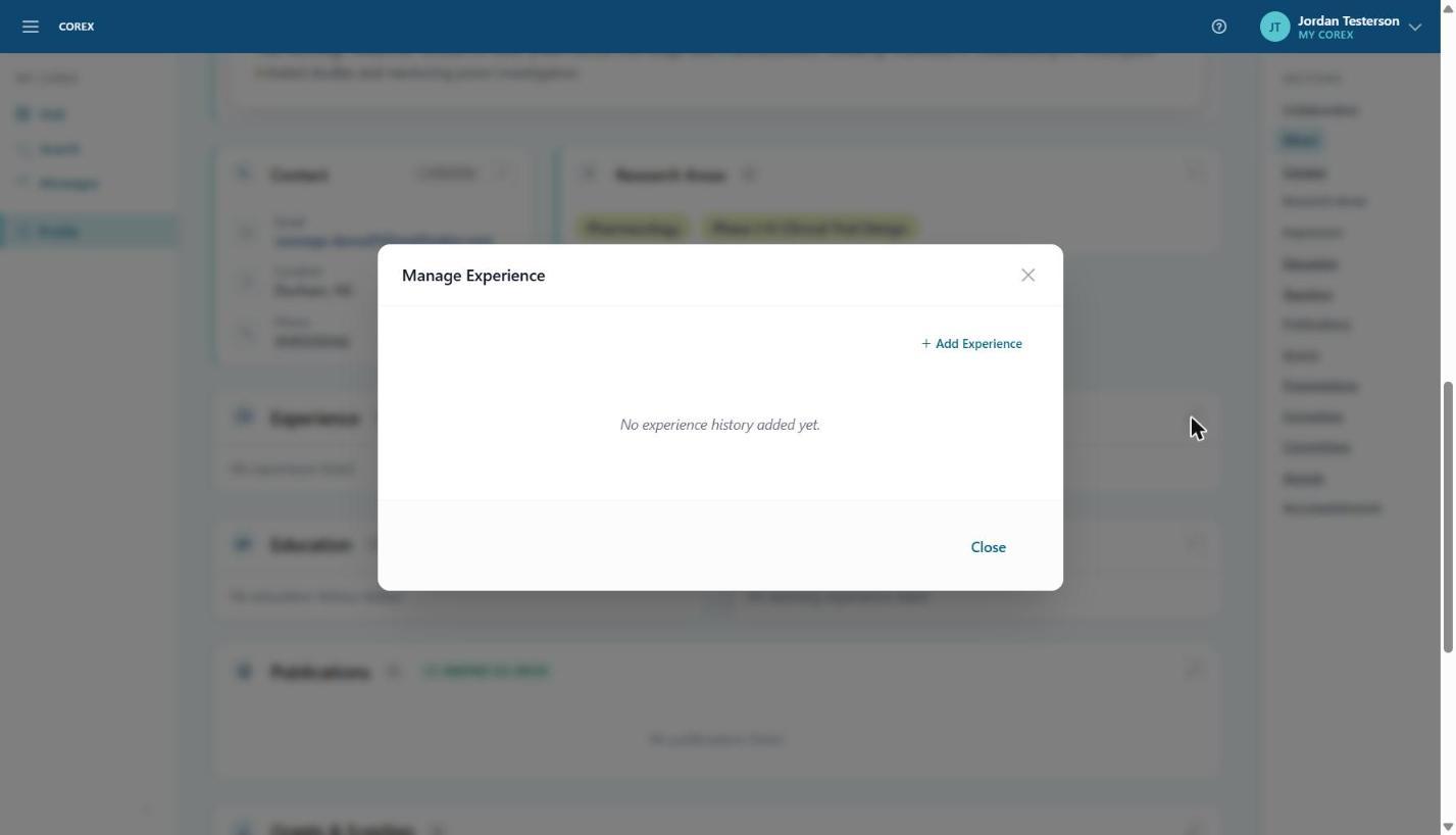 Each section opens a Manage dialog with an Add button.