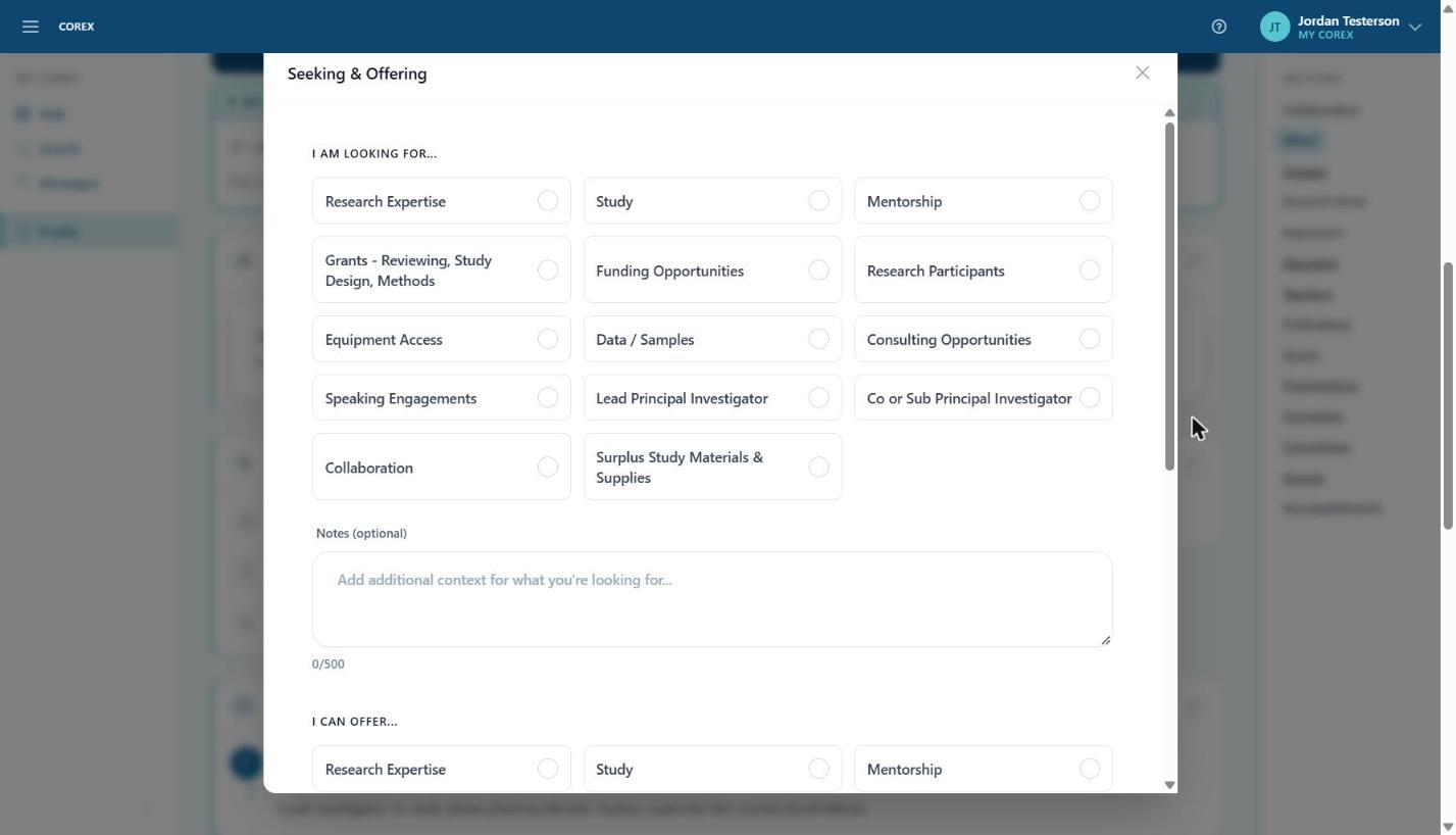 The Seeking & Offering dialog. Both grids list the same 14 categories.
